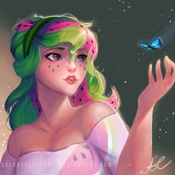 Size: 894x894 | Tagged: safe, artist:colorpaletpony, artist:colorpalette-art, imported from derpibooru, oc, oc only, oc:watermelana, butterfly, human, equestria girls, freckles, human oc, humanized, solo
