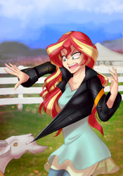 Size: 700x1000 | Tagged: safe, artist:limreiart, imported from derpibooru, sunset shimmer, goat, fanfic:long road to friendship, equestria girls, chewing, clothes, eating, fanfic, fanfic art, female, fence, grass, human coloration, jacket, open mouth, pulling, shirt, solo