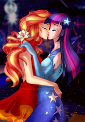 Size: 700x1000 | Tagged: safe, artist:limreiart, imported from derpibooru, sunset shimmer, twilight sparkle, human, fanfic:long road to friendship, equestria girls, backless, blushing, clothes, dress, evening gloves, eyes closed, fanfic, fanfic art, female, flower, flower in hair, gala dress, gloves, human coloration, humanized, kissing, lesbian, long gloves, shipping, sunsetsparkle