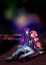 Size: 700x1000 | Tagged: safe, artist:limreiart, imported from derpibooru, sunset shimmer, twilight sparkle, human, fanfic:long road to friendship, equestria girls, aurora borealis, duo, fanfic, fanfic art, female, hug, human coloration, humanized, lesbian, night, shipping, stars, sunsetsparkle