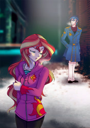 Size: 700x1000 | Tagged: safe, artist:limreiart, imported from derpibooru, shining armor, sunset shimmer, human, fanfic:long road to friendship, equestria girls, clothes, duo, fanfic, fanfic art, hoodie, human coloration, humanized, scarf
