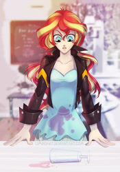 Size: 700x1000 | Tagged: safe, artist:limreiart, imported from derpibooru, sunset shimmer, fanfic:long road to friendship, equestria girls, fanfic, fanfic art, female, human coloration, solo, spilled drink, stain