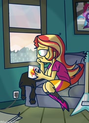 Size: 999x1378 | Tagged: safe, artist:psychodiamondstar, imported from derpibooru, pinkie pie, rarity, sunset shimmer, equestria girls, clothes, coffee, cup, electric guitar, female, guitar, mug, musical instrument, sad, shirt, sitting, solo, window