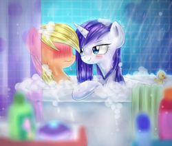 Size: 1228x1043 | Tagged: safe, artist:tcn1205, imported from derpibooru, applejack, rarity, earth pony, pony, unicorn, bath, bathroom, bathtub, blushing, bubble, female, lesbian, mare, rarijack, rubber duck, shampoo, shipping, wet, wet mane, wet mane rarity