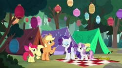 Size: 1920x1080 | Tagged: safe, imported from derpibooru, screencap, apple bloom, applejack, rarity, sweetie belle, pony, campfire tales, camping, discovery family logo, forest, lantern, paper lantern, tent