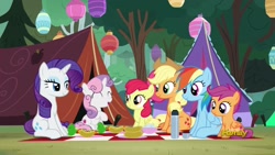 Size: 1920x1080 | Tagged: safe, imported from derpibooru, screencap, apple bloom, applejack, rainbow dash, rarity, scootaloo, sweetie belle, pony, campfire tales, camping, cutie mark crusaders, discovery family logo, forest, tent
