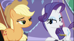 Size: 1322x742 | Tagged: safe, imported from derpibooru, screencap, applejack, rarity, pony, campfire tales, discovery family logo