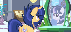 Size: 2270x1048 | Tagged: safe, artist:velveagicsentryyt, imported from derpibooru, oc, oc only, oc:velvet sentry, pegasus, pony, unicorn, female, mare, mirror, offspring, parent:flash sentry, parent:twilight sparkle, parents:flashlight