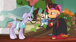 Size: 1920x1080 | Tagged: safe, imported from derpibooru, screencap, mistmane, sable spirit, pony, unicorn, campfire tales, age progression, age regression, discovery family logo, duo, duo female, ethereal mane, female, floppy ears, hoof on chest, looking at each other, mare, old, older, remorse, sacrifice, young, young sable spirit, younger