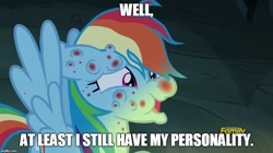 Size: 888x499 | Tagged: safe, edit, edited screencap, imported from derpibooru, screencap, rainbow dash, pony, campfire tales, female, fly-der bite, image macro, meme, mosquito bite, prehibernation week, solo, spongebob squarepants