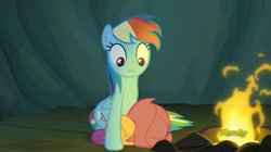 Size: 1655x928 | Tagged: safe, imported from derpibooru, screencap, rainbow dash, scootaloo, pony, campfire tales, campfire, discovery family logo