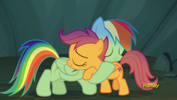 Size: 1920x1080 | Tagged: safe, imported from derpibooru, screencap, rainbow dash, scootaloo, pegasus, pony, campfire tales, cute, dark, discovery family logo, eyes closed, female, filly, hug, mare, raised hoof, scootalove, smiling