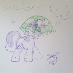 Size: 1823x1822 | Tagged: safe, artist:binkyt11, derpibooru exclusive, imported from derpibooru, sweetie belle, fly-der, pony, unicorn, campfire tales, bug bite, female, filly, fly-der bite, force field, magic, pencil drawing, scared, solo, sweetie belle's magic brings a great big smile, that was fast, traditional art