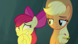 Size: 1920x1080 | Tagged: safe, imported from derpibooru, screencap, apple bloom, applejack, earth pony, pony, campfire tales, amused, applejack is best facemaker, cave, covering mouth, discovery family logo, duo, female, filly, foal, hair bow, looking at each other, mare, ponytail, raised eyebrow, siblings, sisters, smiling, smirk, smugjack