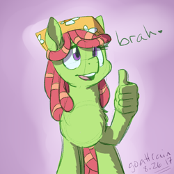 Size: 700x700 | Tagged: safe, artist:dwk, artist:goat train, imported from derpibooru, tree hugger, earth pony, pony, totally legit recap, bandana, collaboration, colored sketch, dreadlocks, female, hand, mare, modern art, open mouth, optical illusion, smiling, solo, suddenly hands, thumbs up