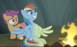 Size: 1060x650 | Tagged: safe, imported from derpibooru, screencap, rainbow dash, scootaloo, pony, campfire tales, cropped, discovery family logo, flexing, rainbow dash is best facemaker