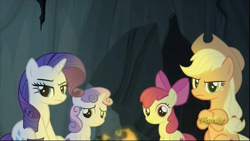 Size: 1320x742 | Tagged: safe, imported from derpibooru, screencap, apple bloom, applejack, rarity, sweetie belle, pony, campfire tales, discovery family logo, unamused