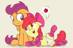 Size: 1280x853 | Tagged: safe, artist:dtcx97, edit, imported from derpibooru, apple bloom, scootaloo, pony, clothes, panties, socks, striped socks, thigh highs, underwear