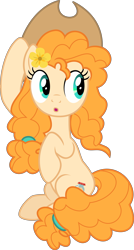 Size: 5000x9347 | Tagged: safe, artist:sollace, imported from derpibooru, pear butter, pony, the perfect pear, .svg available, :o, absurd resolution, accessory swap, cute, female, hat, open mouth, raised hoof, show accurate, simple background, sitting, solo, transparent background, vector