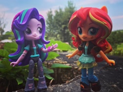 Size: 3697x2772 | Tagged: safe, artist:lucaspratt, imported from derpibooru, starlight glimmer, sunset shimmer, equestria girls, mirror magic, spoiler:eqg specials, beanie, doll, equestria girls minis, eqventures of the minis, garden, hat, irl, leaf, photo, toy, tree