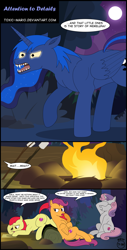 Size: 3480x6867 | Tagged: safe, artist:toxic-mario, imported from derpibooru, apple bloom, princess luna, scootaloo, sweetie belle, hengstwolf, hybrid, pony, werewolf, campfire tales, campfire, canines, comic, cutie mark, cutie mark crusaders, fangs, female, forest, full moon, glowing eyes, moon, muscle fetish, muscles, new style, night, older, older apple bloom, older scootaloo, older sweetie belle, open mouth, scenery, teenager, teeth, that was fast, the cmc's cutie marks, transformation, wereluna