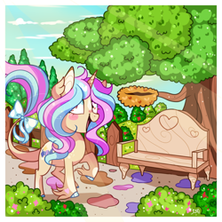 Size: 800x800 | Tagged: safe, artist:ipun, imported from derpibooru, oc, oc only, oc:sweet medley, pony, unicorn, bench, bow, female, heart eyes, mare, solo, summer, tail bow, tree, unshorn fetlocks, wingding eyes