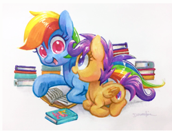 Size: 1298x989 | Tagged: safe, artist:dawnfire, imported from derpibooru, rainbow dash, scootaloo, pegasus, pony, book, cute, cutealoo, dashabetes, duo, female, filly, mare, marker drawing, reading, scootalove, simple background, traditional art