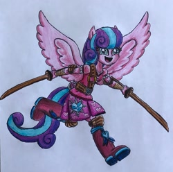 Size: 2342x2321 | Tagged: safe, artist:bozzerkazooers, imported from derpibooru, princess flurry heart, equestria girls, dual wield, equestria girls-ified, female, ninja, older, ponied up, solo, sword, traditional art, warrior flurry heart, weapon