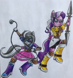 Size: 2582x2758 | Tagged: safe, artist:bozzerkazooers, imported from derpibooru, diamond tiara, silver spoon, equestria girls, clothes, glaive, kyoketsu shoge, ninja, ponied up, traditional art, weapon