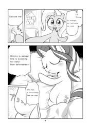 Size: 1700x2400 | Tagged: safe, artist:k-nattoh, imported from derpibooru, starlight glimmer, trixie, pony, unicorn, comic:ponicosu, belly, blanket, blushing, comic, dialogue, doujin, drool, imminent rape, imminent sex, pillow, sleeping