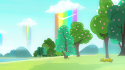 Size: 1280x720 | Tagged: safe, imported from derpibooru, screencap, campfire tales, background, discovery family logo, flower, no pony, rainbow waterfall, scenery, tree, winsome falls