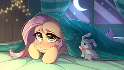 Size: 1920x1080 | Tagged: safe, artist:fensu-san, imported from derpibooru, fluttershy, pony, bed, blanket, cute, female, lidded eyes, looking at you, mare, moon, night, plushie, prone, shyabetes, solo, window