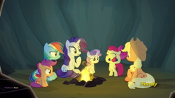 Size: 1920x1080 | Tagged: safe, imported from derpibooru, screencap, apple bloom, applejack, rainbow dash, rarity, scootaloo, sweetie belle, earth pony, pegasus, pony, unicorn, campfire tales, bipedal, campfire, cutie mark crusaders, female, hive, open mouth