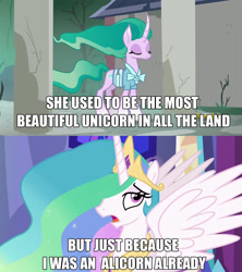 Size: 1278x1438 | Tagged: safe, edit, edited screencap, imported from derpibooru, screencap, mistmane, princess celestia, alicorn, pony, unicorn, campfire tales, clothes, comic, crown, ethereal mane, eyes closed, female, image macro, jewelry, mare, meme, regalia, screencap comic