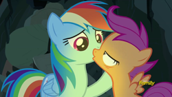 Size: 1280x720 | Tagged: safe, imported from derpibooru, screencap, rainbow dash, scootaloo, pegasus, pony, campfire tales, discovery family logo, duo, female, filly, foal, freeze frame, mare, mid-blink screencap, out of context