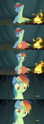 Size: 1280x3576 | Tagged: safe, imported from derpibooru, screencap, rainbow dash, scootaloo, pony, campfire tales, campfire, cave, cute, discovery family logo, scootalove, smiling