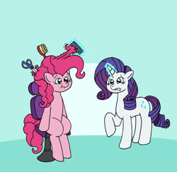 Size: 1024x997 | Tagged: safe, artist:verycomicrelief, imported from derpibooru, pinkie pie, rarity, earth pony, pony, unicorn, atg 2017, female, hair pulling, haircut, lesbian, magic, mane styling, mare, newbie artist training grounds, raised hoof, raripie, shipping, sitting, telekinesis