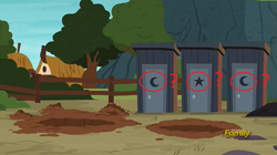 Size: 1271x713 | Tagged: safe, edit, edited screencap, imported from derpibooru, screencap, campfire tales, crescent moon, discovery family logo, moon, no pony, outhouse