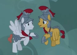 Size: 447x319 | Tagged: safe, imported from derpibooru, screencap, albus, flash magnus, pegasus, pony, campfire tales, armor, cropped, duo, flying, helmet, hoof shoes, male, royal legion, stallion