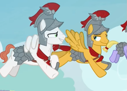 Size: 579x416 | Tagged: safe, imported from derpibooru, screencap, albus, flash magnus, iron eagle, pegasus, pony, campfire tales, armor, cropped, flying, helmet, hoof shoes, male, out of context, royal legion, stallion