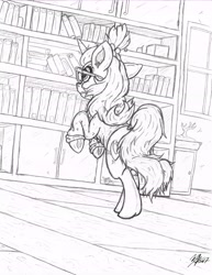 Size: 5100x6617 | Tagged: safe, artist:artponymdp, imported from derpibooru, moondancer, pony, unicorn, absurd resolution, book, bookshelf, clothes, ear fluff, female, grayscale, library, mare, monochrome, rearing, sketch, solo, traditional art, underhoof