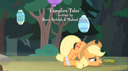 Size: 1277x715 | Tagged: safe, imported from derpibooru, screencap, applejack, pony, campfire tales, discovery family logo, female, fly-der bite, forest, mare, silly, silly pony, solo, tied up, who's a silly pony