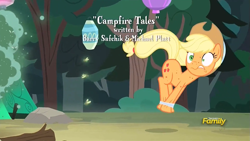 Size: 1271x715 | Tagged: safe, imported from derpibooru, screencap, applejack, fly-der, pony, campfire tales, discovery family logo, female, fly-der bite, forest, mare, silly, silly pony, solo, tied up, who's a silly pony