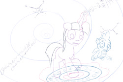 Size: 1050x700 | Tagged: safe, artist:stillwaterspony, imported from derpibooru, spike, twilight sparkle, dragon, pony, atg 2017, floating, magic, magic circle, newbie artist training grounds, portal, rough, sketch, space and time