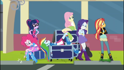 Size: 1136x640 | Tagged: safe, imported from derpibooru, screencap, fluttershy, pinkie pie, rainbow dash, sci-twi, sunset shimmer, twilight sparkle, eqg summertime shorts, equestria girls, get the show on the road, female