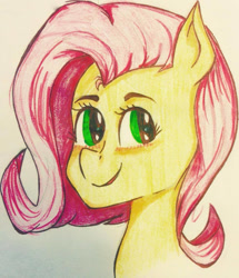 Size: 517x600 | Tagged: safe, artist:dmagine, imported from derpibooru, fluttershy, pony, bust, cute, female, looking at you, looking sideways, pixiv, portrait, shyabetes, smiling, solo, traditional art