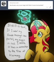 Size: 1300x1500 | Tagged: safe, artist:little-tweenframes, deleted from derpibooru, imported from derpibooru, sunset shimmer, pony, unicorn, series:sciset diary, equestria girls, mirror magic, spoiler:eqg specials, dialogue, explanation, female, geode of empathy, glowing horn, levitation, magic, mare, smiling, solo, speech bubble, telekinesis, tumblr