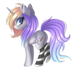 Size: 3124x2834 | Tagged: safe, artist:scarlet-spectrum, imported from derpibooru, oc, oc only, oc:loren, pony, unicorn, art trade, clothes, cutie mark, ear piercing, female, horn ring, looking back, mare, piercing, simple background, socks, solo, stockings, striped socks, thigh highs, transparent background