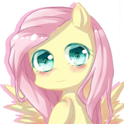 Size: 600x600 | Tagged: safe, artist:dudu, imported from derpibooru, fluttershy, pegasus, pony, bust, cute, female, hoof on chest, looking at you, pixiv, portrait, shyabetes, simple background, solo, spread wings, white background, wings