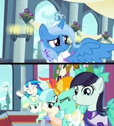 Size: 1024x1136 | Tagged: safe, artist:marian9, edit, edited screencap, imported from derpibooru, screencap, coco pommel, coloratura, dj pon-3, lightning dust, trixie, vapor trail, vinyl scratch, alicorn, pony, magical mystery cure, alternate universe, clothes, eyes closed, jewelry, looking at you, one eye closed, open mouth, race swap, regalia, smiling, trixiecorn, wink